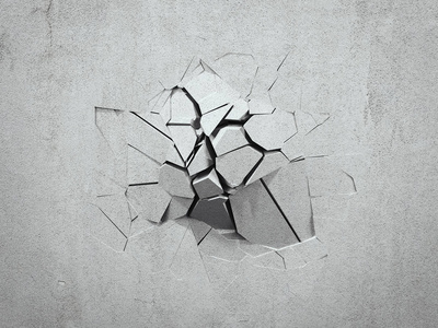 有大裂缝和断层的墙.3d 渲染照片