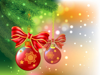 圣诞节背景与球, 弓和冷杉树