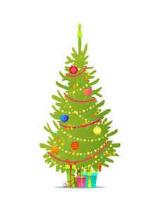 装饰圣诞树与礼品盒, 明星, 灯光, 装饰球和灯。平面式矢量插图