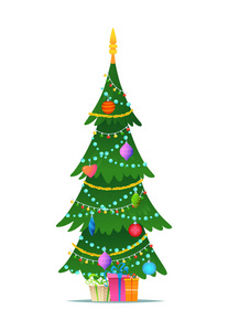 装饰圣诞树与礼品盒, 明星, 灯光, 装饰球和灯。平面式矢量插图