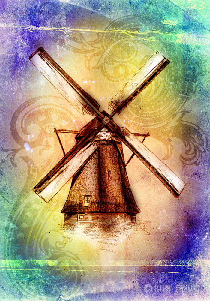 风车旧复古老式绘图