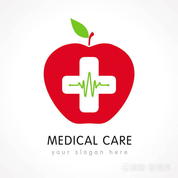 医疗护理标志红苹果和心心跳在白色加上
