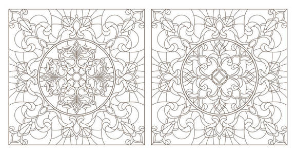 用抽象的漩涡和花朵方形的图像设置彩色玻璃的轮廓图