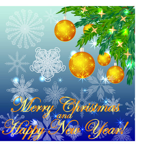 一个方形的蓝色圣诞背景与雪花, 针叶树枝, 装饰着黄色的球, 星星。题词圣诞快乐, 新年愉快