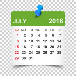 7 月 2018年日历。日历贴纸设计模板。开始一周