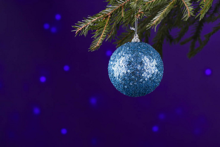 蓝色银色圣诞节或圣诞节挂在圣诞或松树在主题冻结的树枝装饰