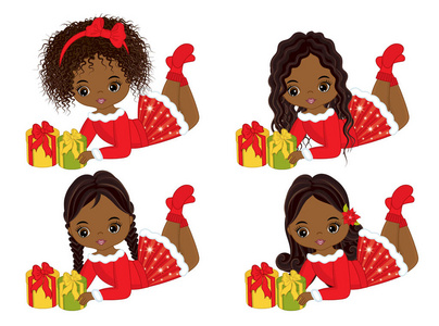 矢量可爱的小非洲裔美国女孩与圣诞礼物