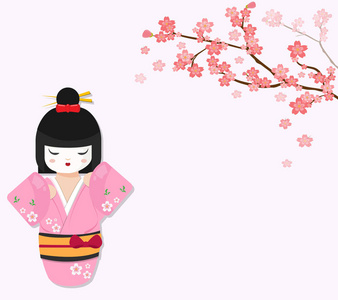 逗人喜爱的日本玩偶与樱桃树分支