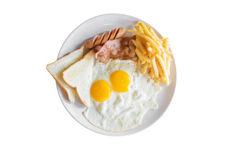 美国早餐的最热门的看法与炒蛋, 熏肉, 烤面包, 薯条和香肠在一个白色的盘子