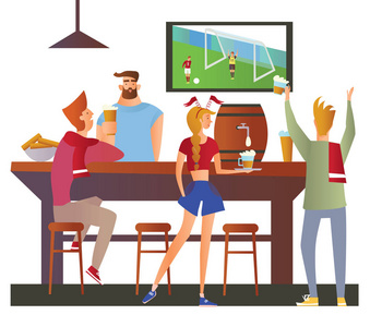 啤酒酒吧餐厅。足球迷们在酒吧里为球队欢呼。足球比赛, 酒吧与酒保, 酒精饮料。白色背景上的平面矢量插图。卡通人物形象