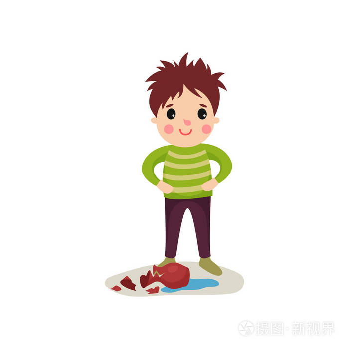 快乐顽皮的男孩, 疯狂的头发扁平字符站在破碎的花瓶