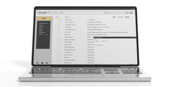 在白色背景上的笔记本电脑屏幕上的电子邮件。3d 插图
