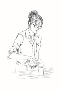 年轻的咖啡女铅笔样式的矢量插图。在咖啡吧中的一个科琳的线性素描。咖啡的概念。餐厅理念