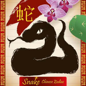 生肖动物 带兰花和仙人掌的盘绕蛇, 矢量插图