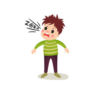 淘气小学生小孩子变得疯狂和大声发誓, 淘气的男孩卡通字符照片