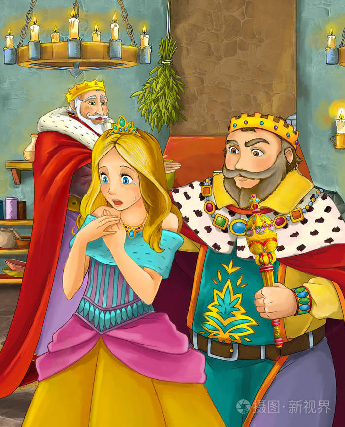 卡通场景与快乐的国王看其他睡觉的皇家夫妇的儿童插图