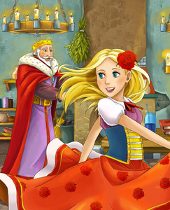 卡通场景与快乐国王交谈美丽的年轻女士插图儿童