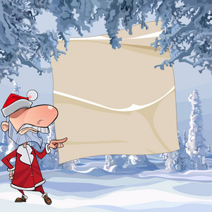 卡通愤怒的圣诞老人指着他的手指在一个空的床单在一个冬天的森林