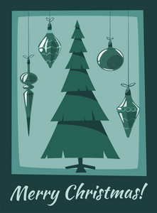 圣诞快乐。树与装饰品。卡通矢量插图
