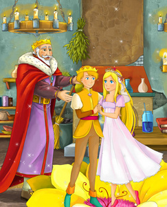 卡通场景，幸福的情侣国王站在背景中，为孩子们提供微笑的插图