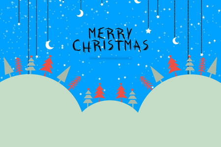 圣诞快乐插画设计与星星和月亮。风景背景, 雪, 横幅设计
