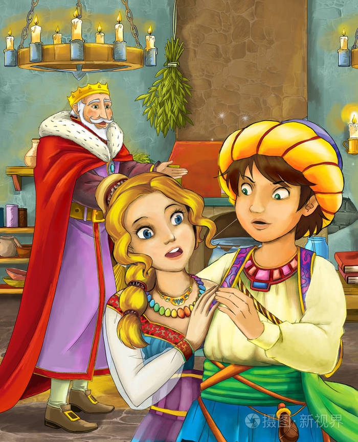 卡通场景幸福的情侣国王站在背景中为孩子们提供微笑的插图