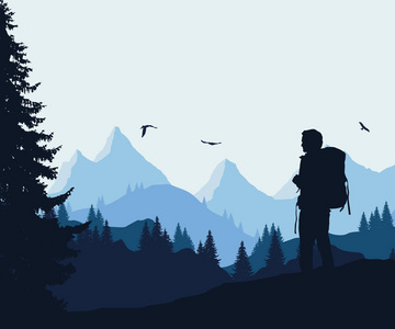 在一个蓝灰色的天空下, 用森林和飞鸟和一个游客的山地景观的矢量插图