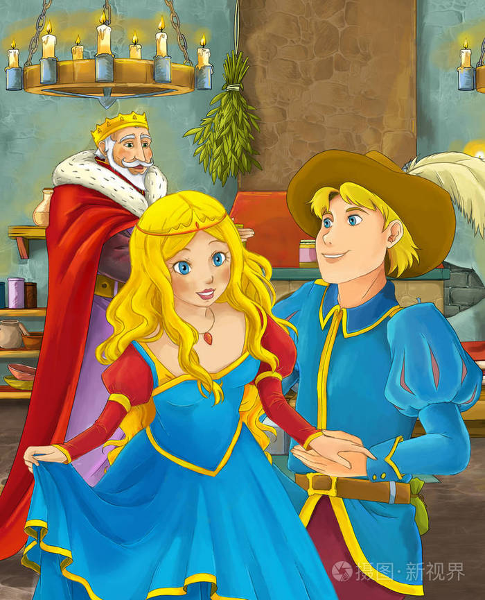 卡通场景幸福的情侣国王站在背景中为孩子们提供微笑的插图