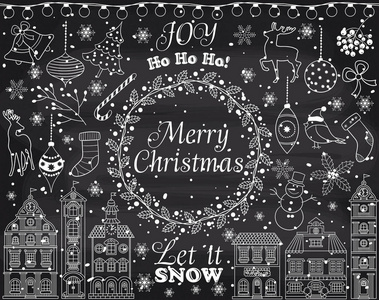 矢量黑板圣诞节和新年设置与冬季元素