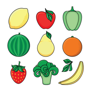矢量素描风格新鲜水果, 蔬菜套装