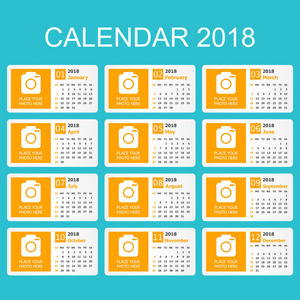 日历2018年的简单风格。日历计划器设计模板与地方为相片。星期从星期日开始。业务矢量插图