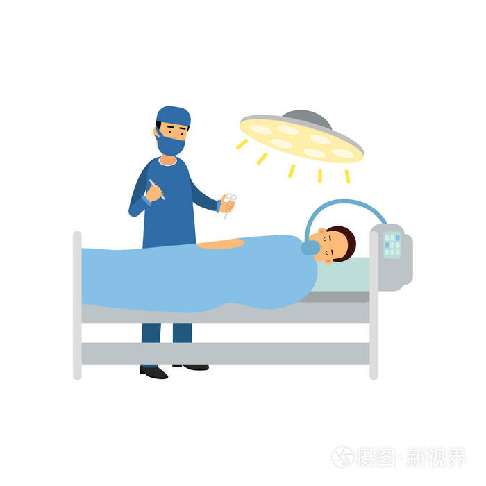 男性外科医生用医疗器械 病人躺在手术室的手术台上