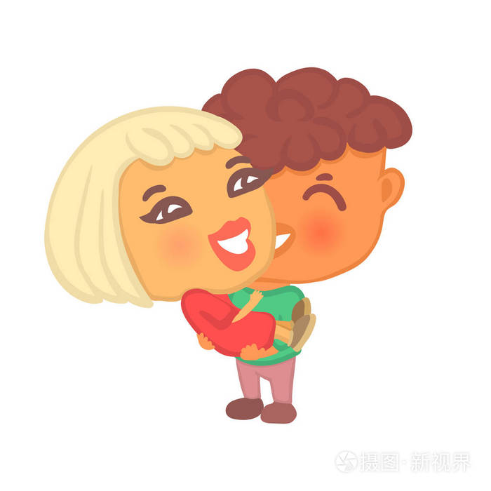 男孩和女孩在一起, 两个大头人物在浪漫的姿势孤立在白色背景