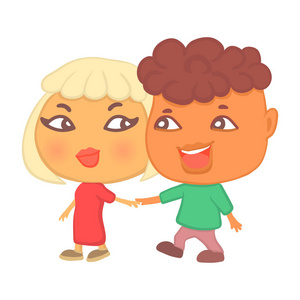 男孩和女孩在一起, 两个大头人物在浪漫的姿势孤立在白色背景照片