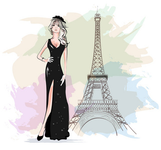 美丽的时尚女性与埃菲尔铁塔的背景。素描.矢量插图