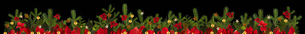 圣诞花环背景与金色的星星和 poinsetta
