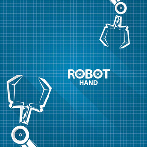 矢量机器人手臂符号在蓝图纸背景。机器人手技术背景设计
