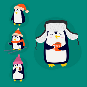 企鹅圣诞节矢量图字符卡通滑稽可爱动物南极极地喙杆冬季鸟类