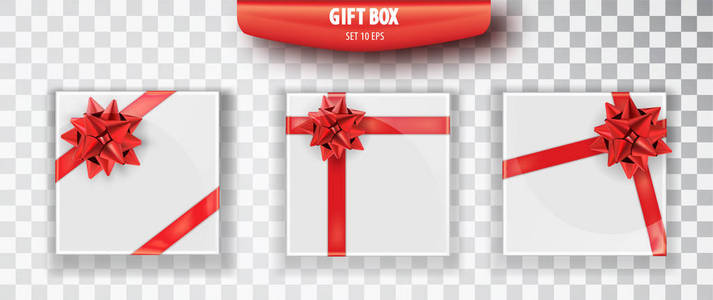 礼品盒。一组白色圣诞礼品盒在透明背景下隔离。绿盒子用五颜六色的优雅的蝴蝶结。孤立的现实向量对象