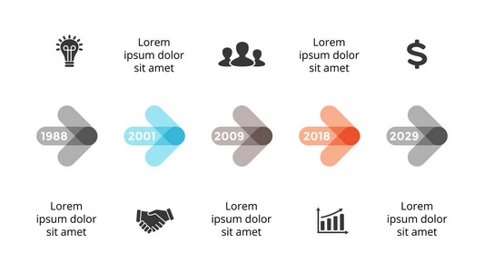 矢量箭头圆时间线信息, 图图表, 图形表示。具有5选项部件步骤和流程的业务进度概念