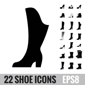 高跟鞋时尚女靴。 鞋子矢量图标收集。 一套标识隔离。 鞋类标志或符号
