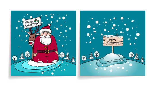 圣诞贺卡圣诞老人。假日卡的封面和背面。下雪的冬天背景。圣诞老人, 礼物和驯鹿