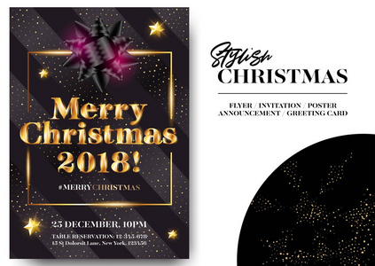 圣诞快乐2018时尚黑色贺卡设计。矢量典雅邀请模板。圣诞庆典活动海报