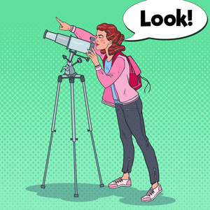天文设备流行艺术快乐的女人通过望远镜看.天文设备.矢量插图照片