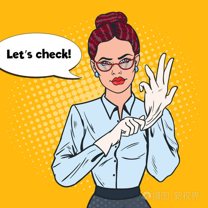 流行艺术严肃的女督察戴着白手套.专业调查员矢量插图