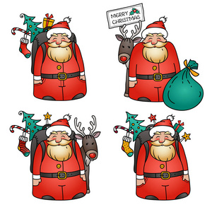 节日插画与圣诞老人的性格。矢量插图圣诞节。与驯鹿的圣诞老人条款集