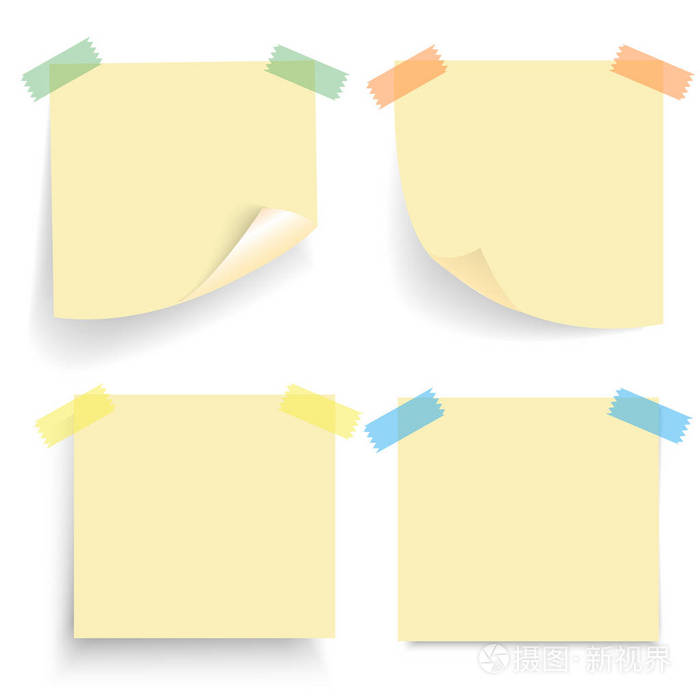 一组办公用纸或粘附在透明背景上的带有阴影的不干胶贴纸。用于设计的空白黄色便笺模板。矢量插图