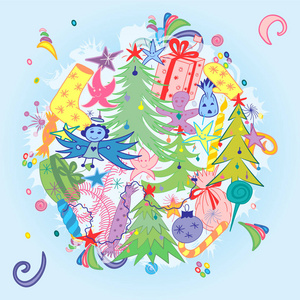 手绘冬季节日的符号。儿童画冷杉树, 礼物, 蜡烛, 糖果, 天使和雪花