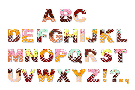 糖果甜巧克力字体。冰淇淋字母表。硅片字母。矢量