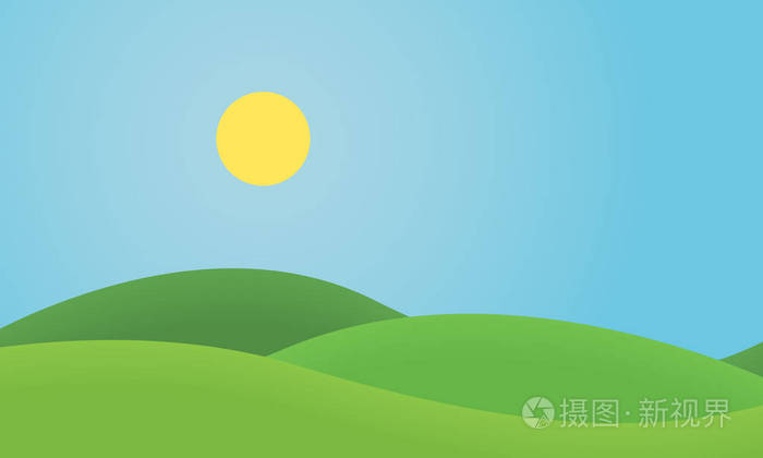 平面设计草景观与丘陵和发光的太阳下蓝天矢量